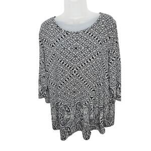 Lucky Brand Boho Black & White  Geometric Print Top Women's 2X  3/4 Sleeve